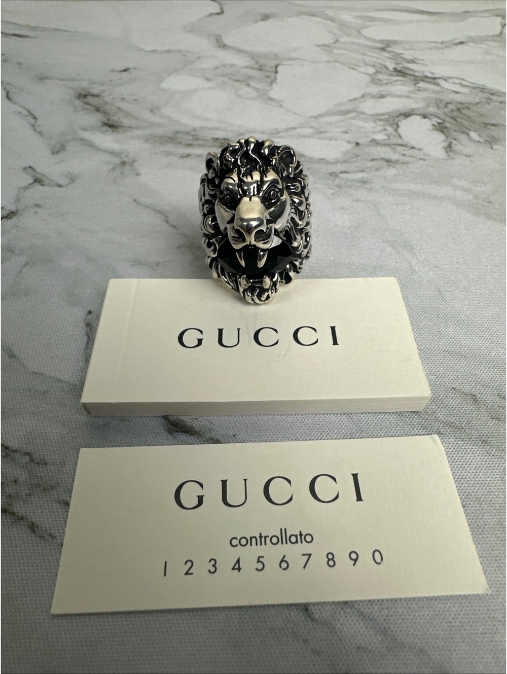 GUCCI Lion Head Ring Black Silver Tone Sz 23 Made in Italy